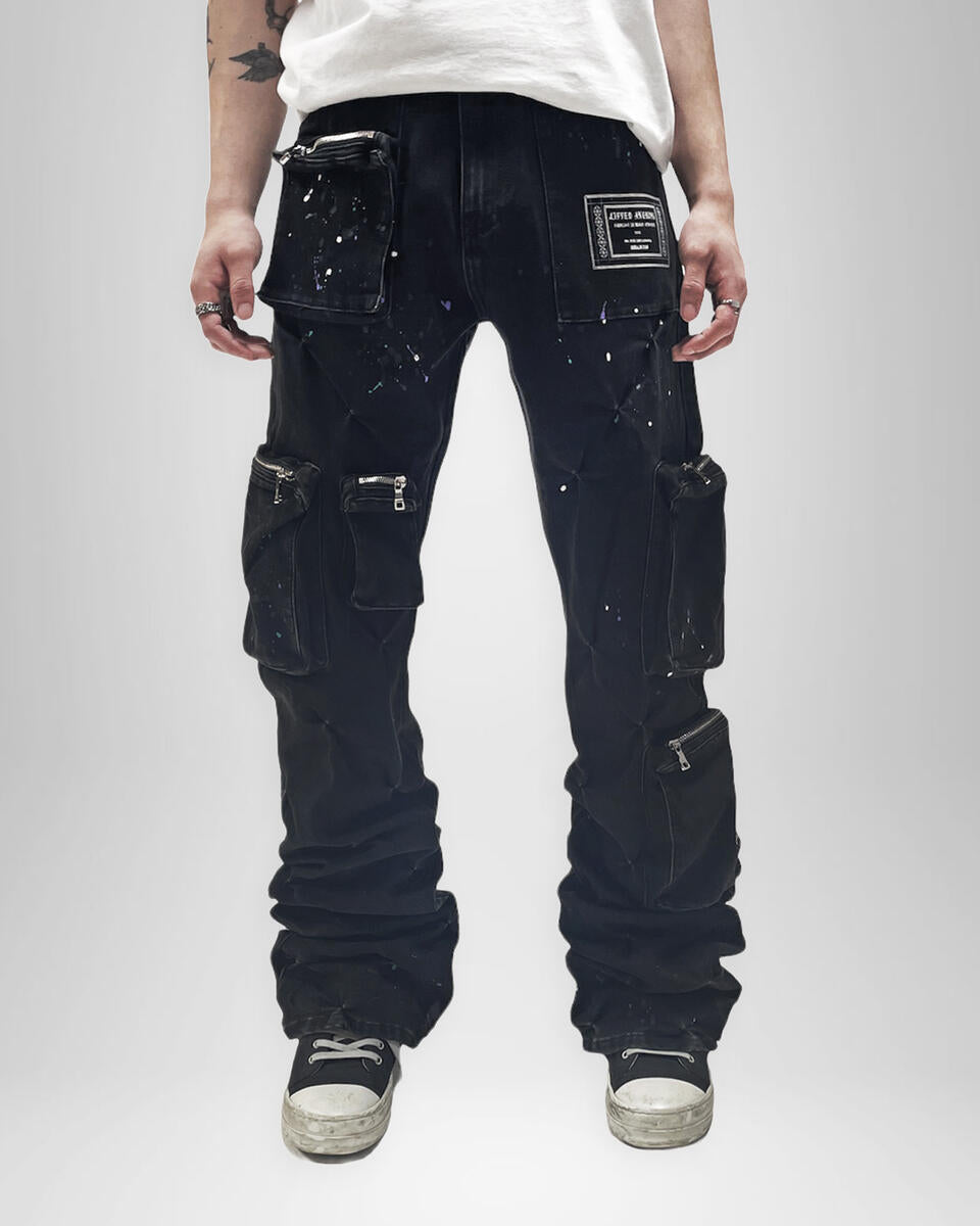 Lifted Anchor Pinched Cargo Stacked Denim (Blk)