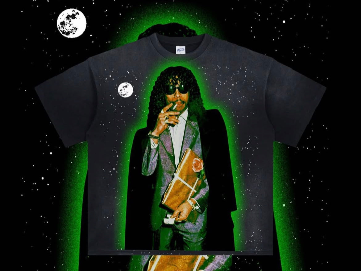 Palm East “Super Freak” Box Cut Distressed Acid Wash Grey Tee