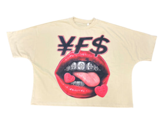 YFS “Chrome Grillz” Drop Shoulder Box Cut Cropped Tee (Cream)