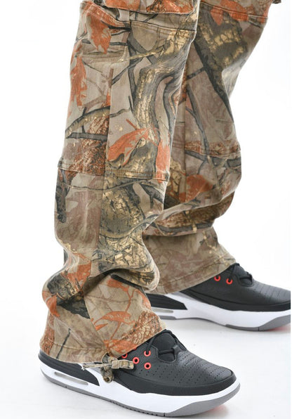 Vicious Leaf Camo Baggy Flared Cargo Pants (Orange)