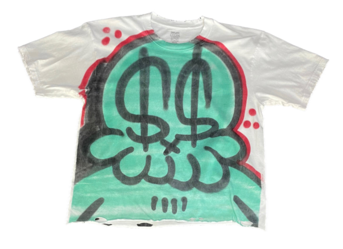 Hydo Picasso Cropped Box Cut Distressed Pre Washed 1 Of 1 Air Brushed Wearable Art Tee (Aqua/Red/Blk)