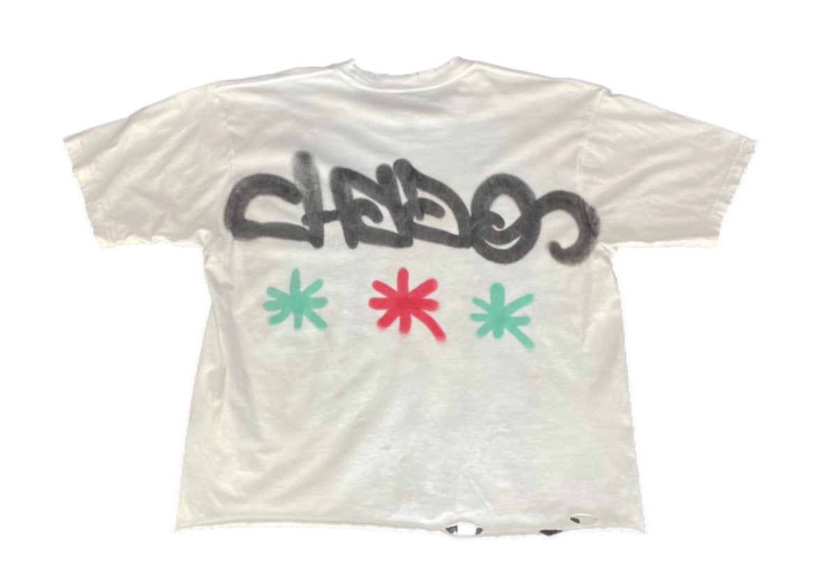 Hydo Picasso Cropped Box Cut Distressed Pre Washed 1 Of 1 Air Brushed Wearable Art Tee (Aqua/Red/Blk)