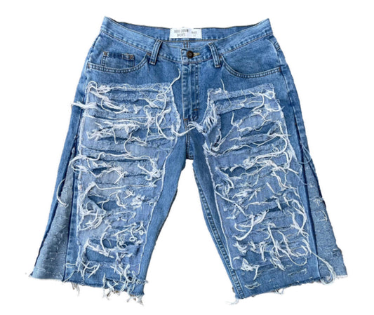 Lavish Luxury “Shredded” Baggy Flared Jean Shorts (Blue)