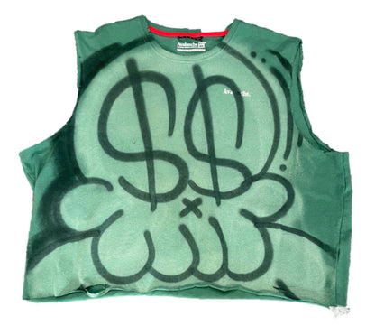 Hydo Picasso Cropped Box Cut Distressed Pre Washed 1 Of 1 Air Brushed Wearable Art Sleeveless Tee (Green/Blk/White)