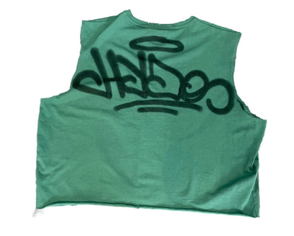 Hydo Picasso Cropped Box Cut Distressed Pre Washed 1 Of 1 Air Brushed Wearable Art Sleeveless Tee (Green/Blk/White)