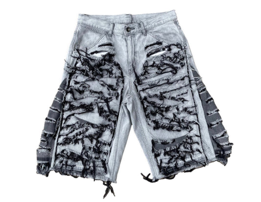 Lavish Luxury “Shredded” Baggy Flared Jean Shorts (Smoke)