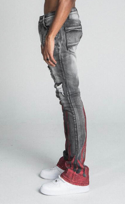 Armor Denim Rhinestone Flame Stacked Flared Denim