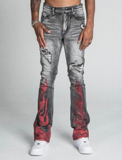 Armor Denim Rhinestone Flame Stacked Flared Denim